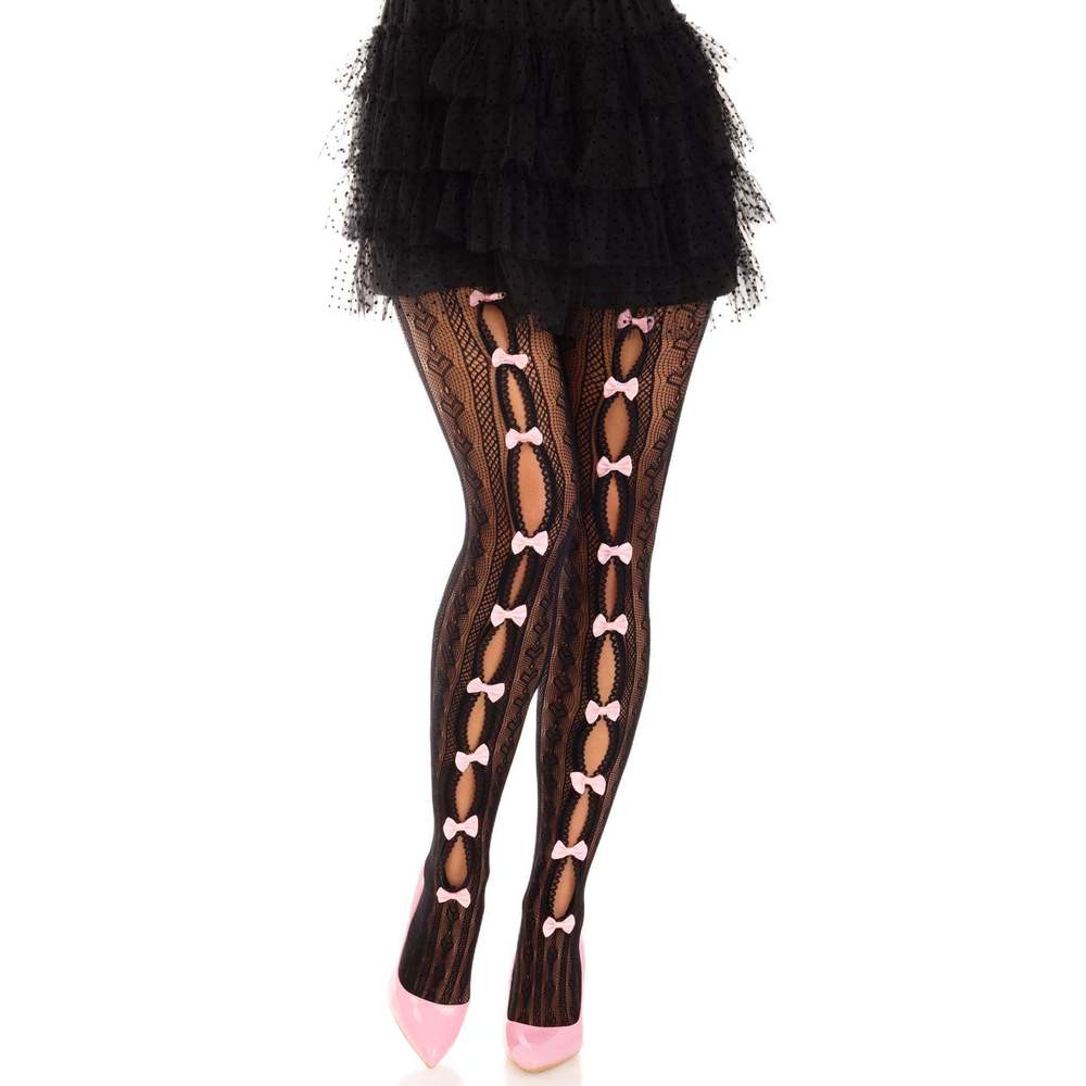Sweetheart Striped Net Tights With Keyhole and  Mini Bow Detail